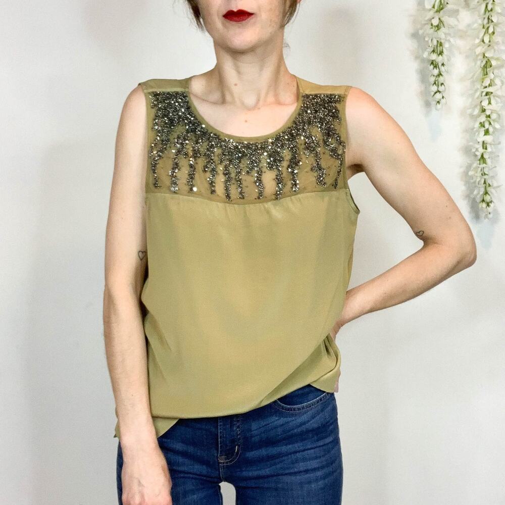 HAUTE HIPPIE jeweled silk blouse illusion neckline olive green boho 2317